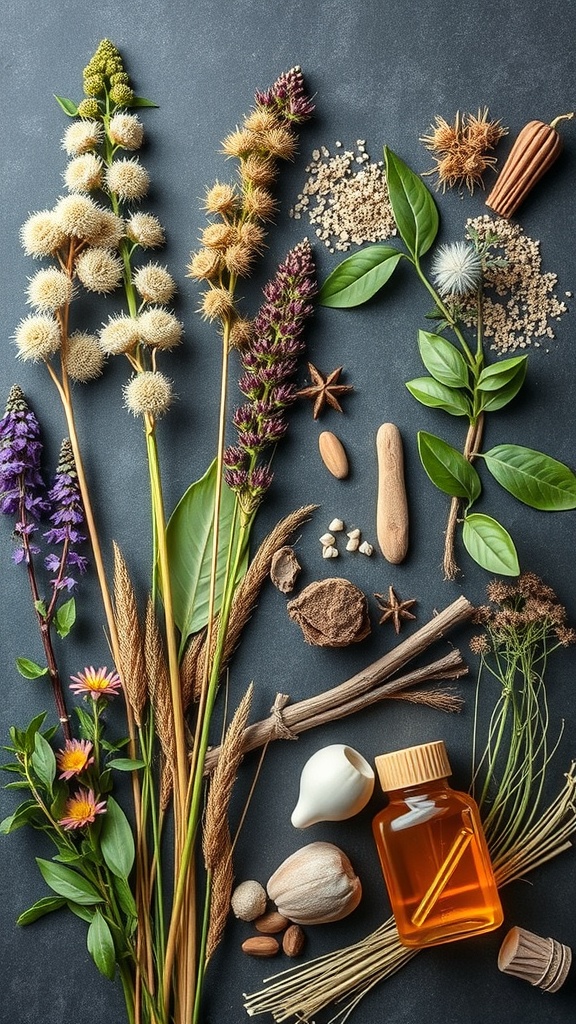 An assortment of herbs and natural ingredients, including milkweed, displayed on a dark surface.
