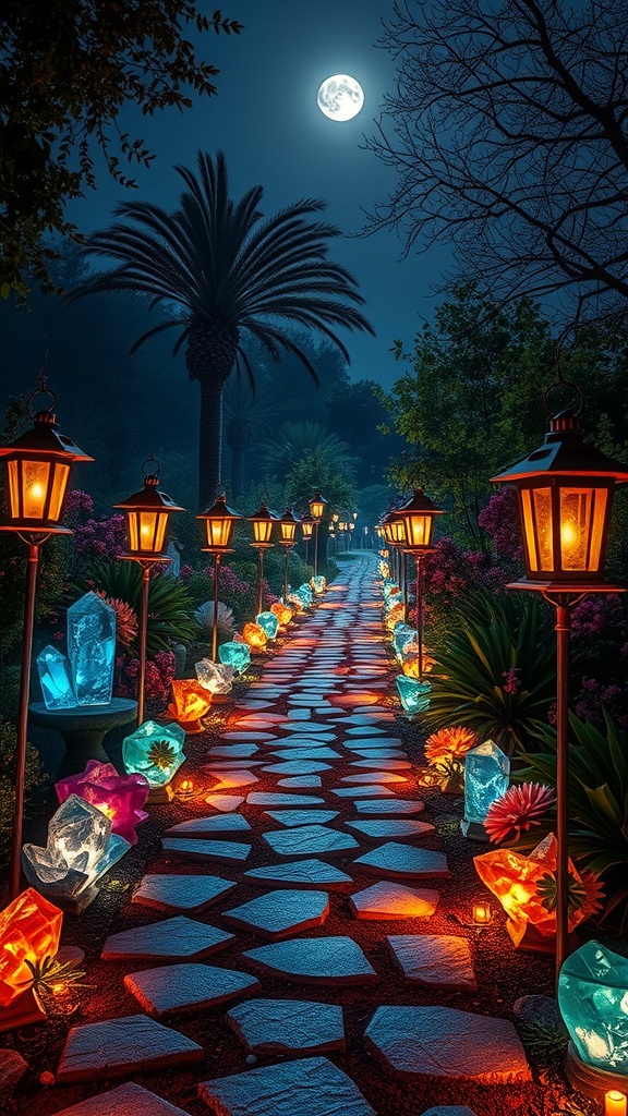 A moonlit garden pathway lined with glowing lanterns and colorful crystals.