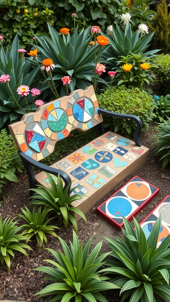A colorful mosaic bench surrounded by vibrant flowers in a garden.