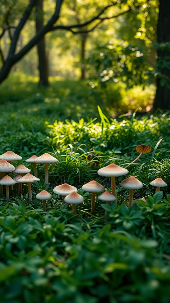 A mystical fairy ring of mushrooms surrounded by lush greenery in a sunlit forest.