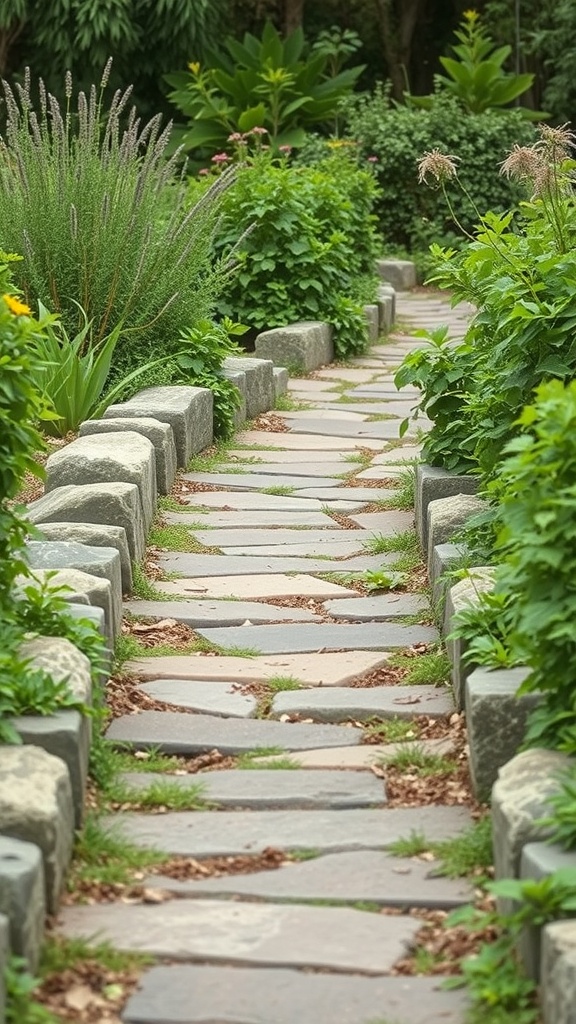 A natural stone pathway lined with greenery in a garden.