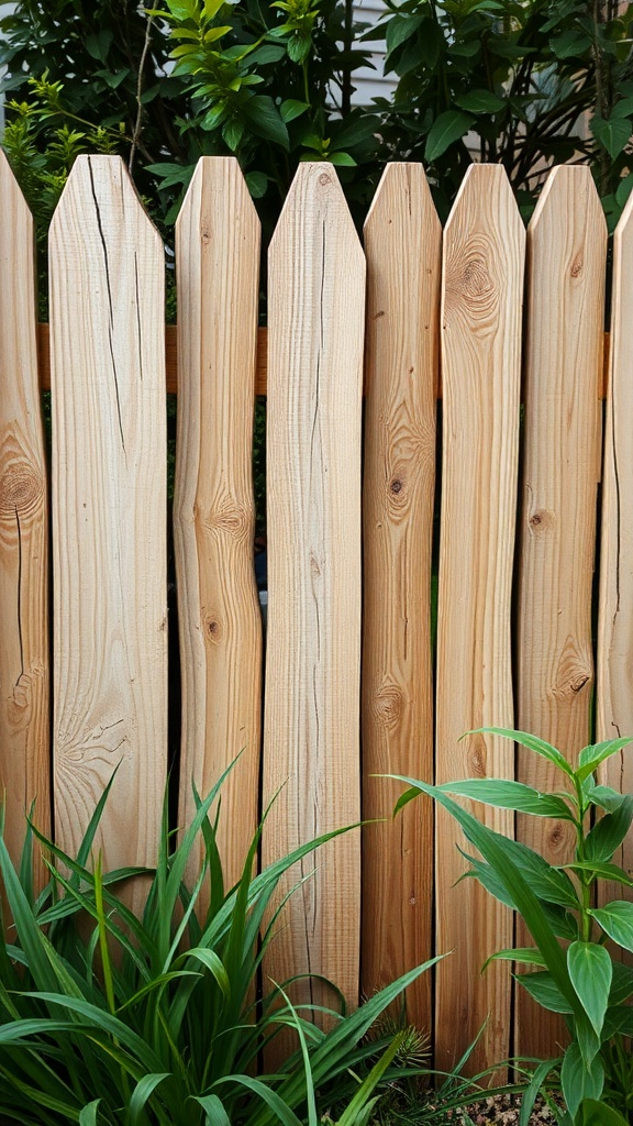 A rustic wooden fence with uneven tops, surrounded by green plants.