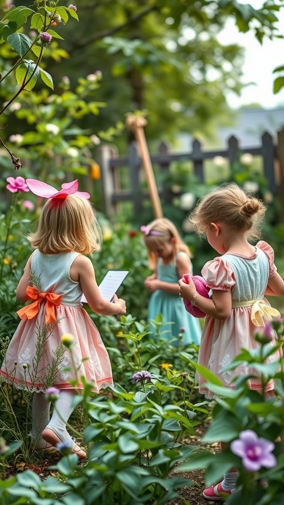 Children participating in a fairy garden scavenger hunt, exploring a colorful garden.