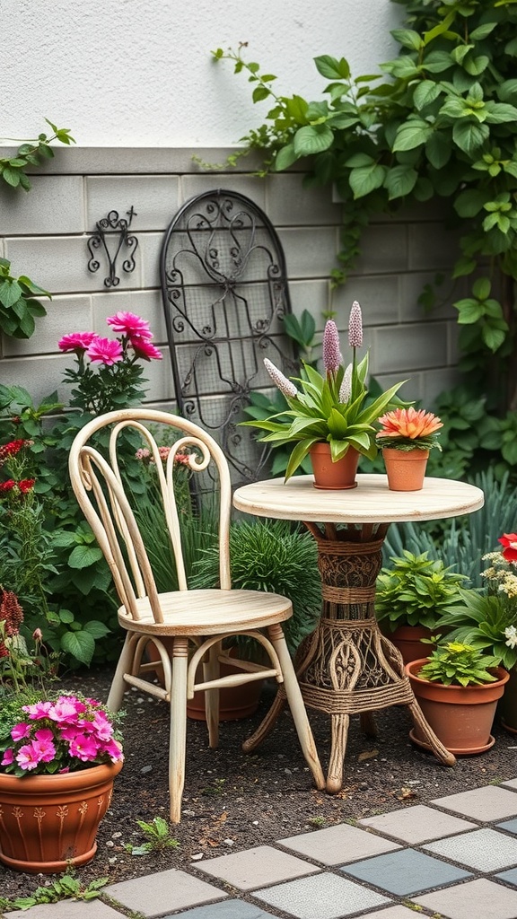 A rustic wooden chair and table set surrounded by colorful potted plants in a garden.