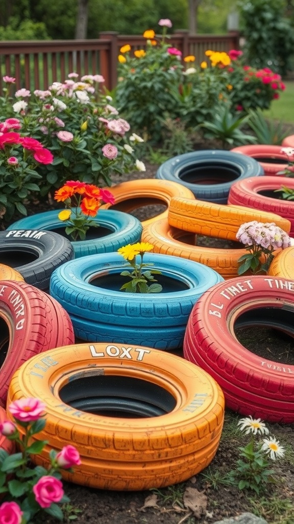 Colorful old tires used as planters in a garden with blooming flowers