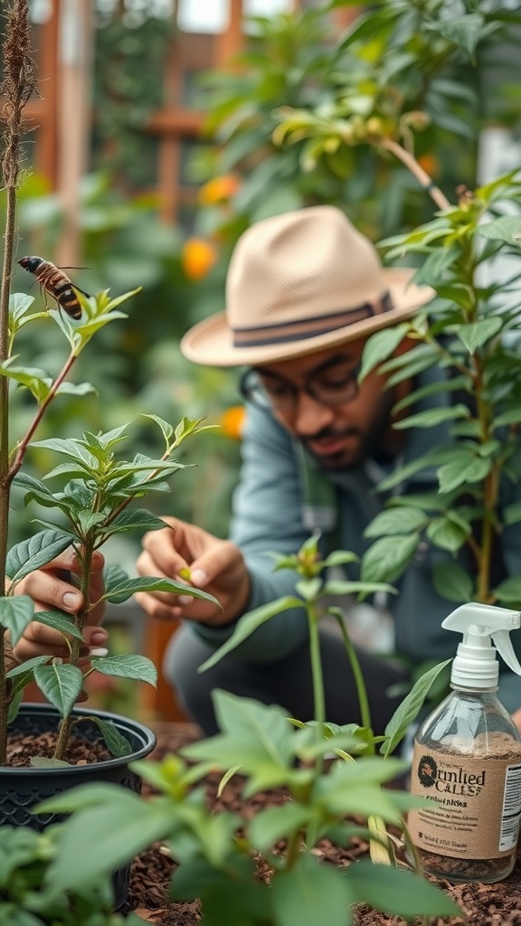 A person inspecting plants in a backyard garden, holding a small green leaf and a spray bottle for pest management.