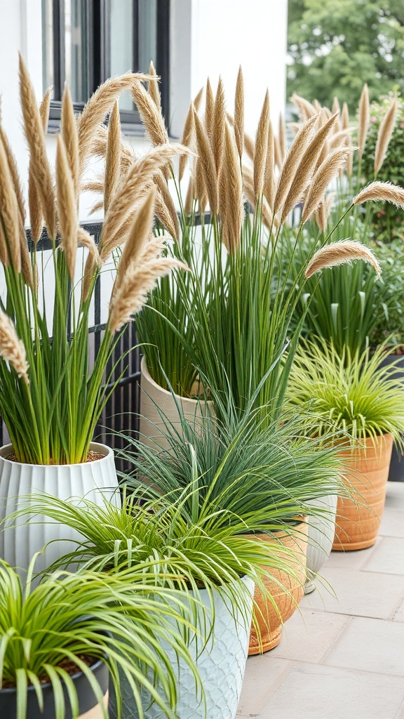A collection of ornamental grasses in decorative containers on a patio.