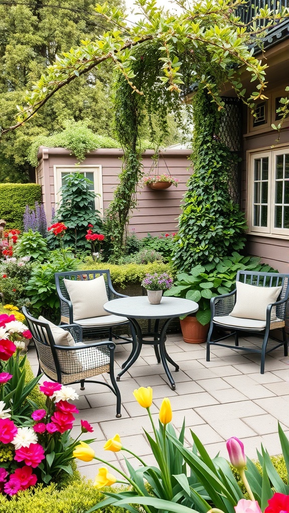 A cozy outdoor seating area with chairs and a table surrounded by colorful flowers and greenery.