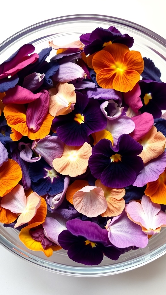 A bowl filled with colorful pansy petals in various shades.