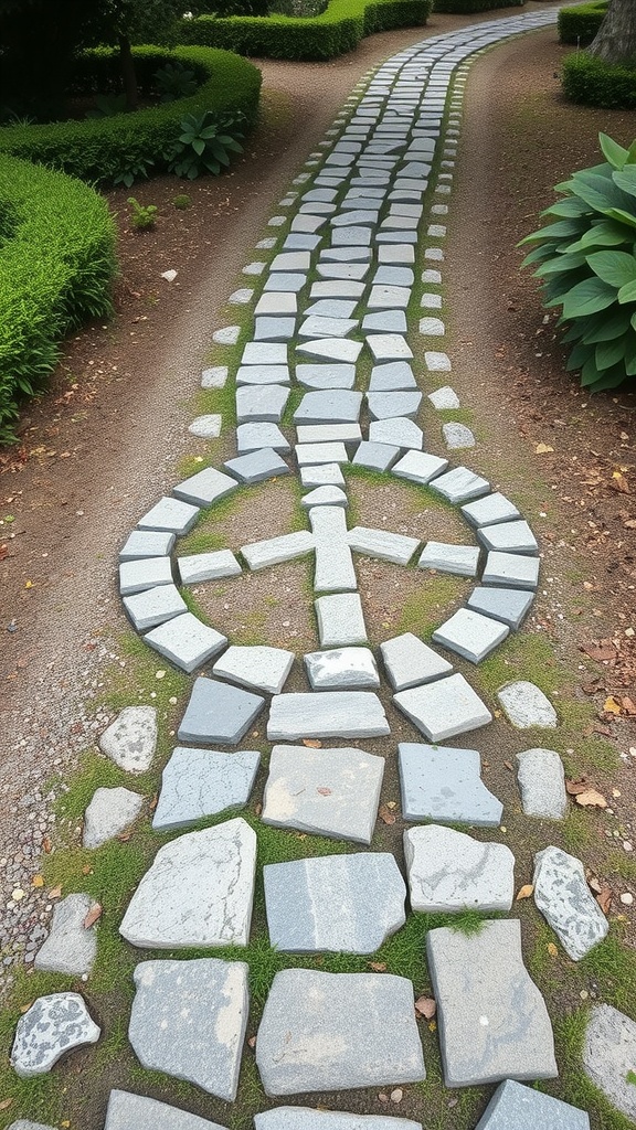 A stone pathway shaped like a peace symbol in a garden