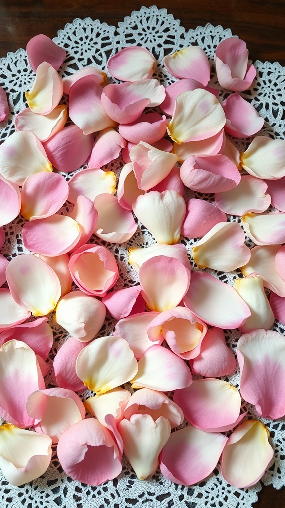 Pink and white peony petals scattered on a lace background.