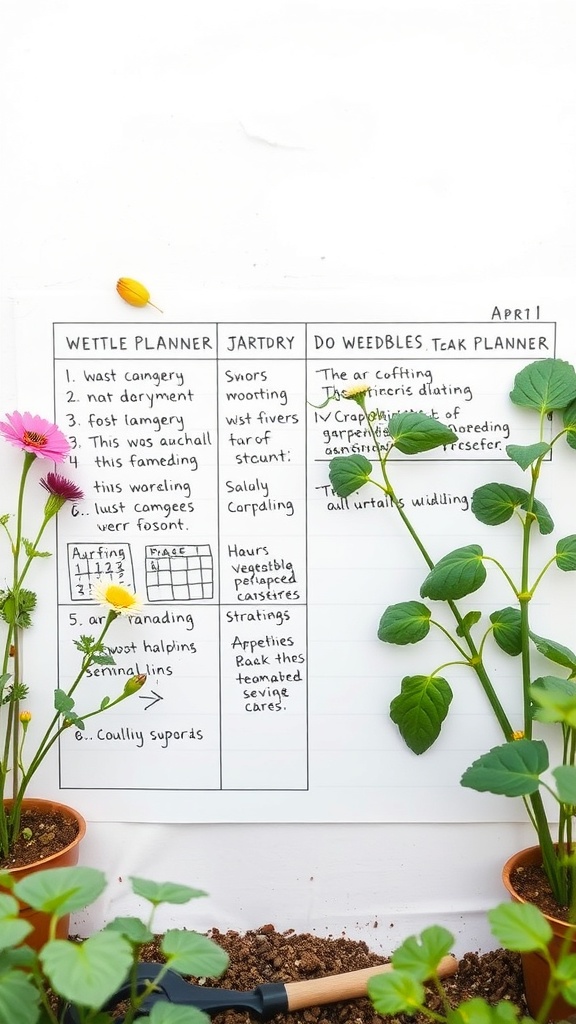 A gardening planner with notes and tips for year-round vegetable gardening, surrounded by potted plants.