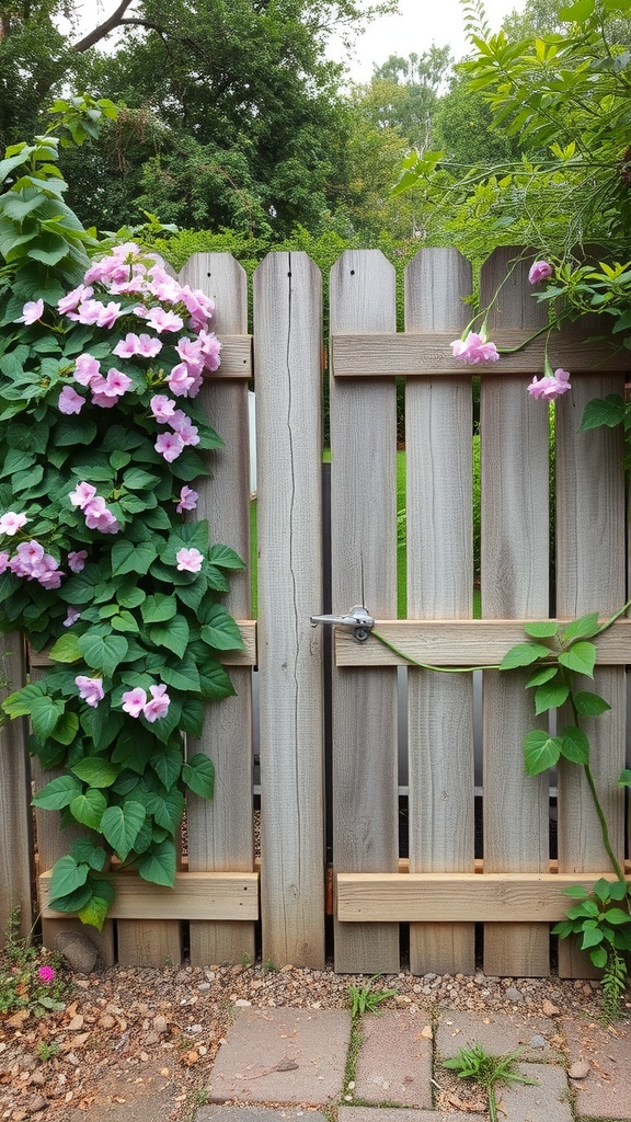 A rustic wooden fence with climbing pink flowers and green leaves.