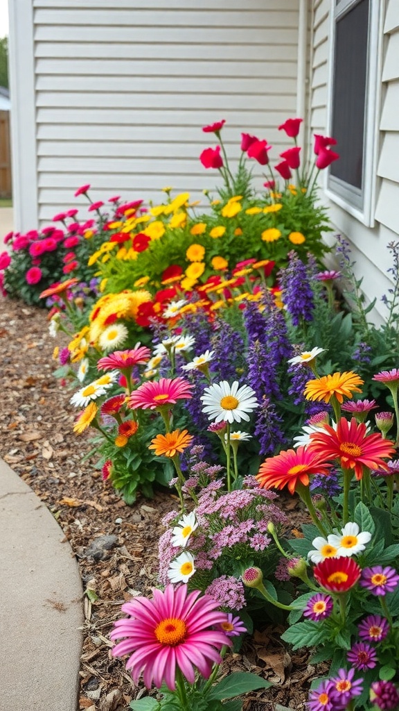 Colorful flower bed with various perennials alongside a house