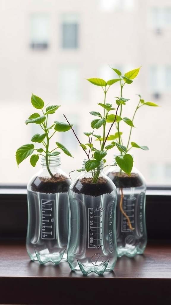 Three plastic bottle planters with green plants on a windowsill