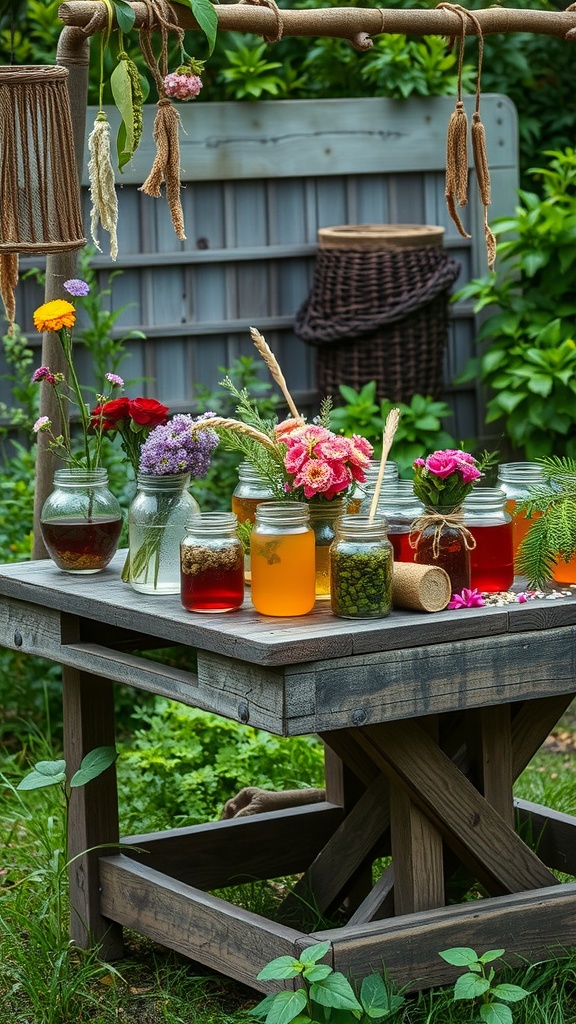 A rustic potion brewing station with jars filled with colorful ingredients and fresh flowers.
