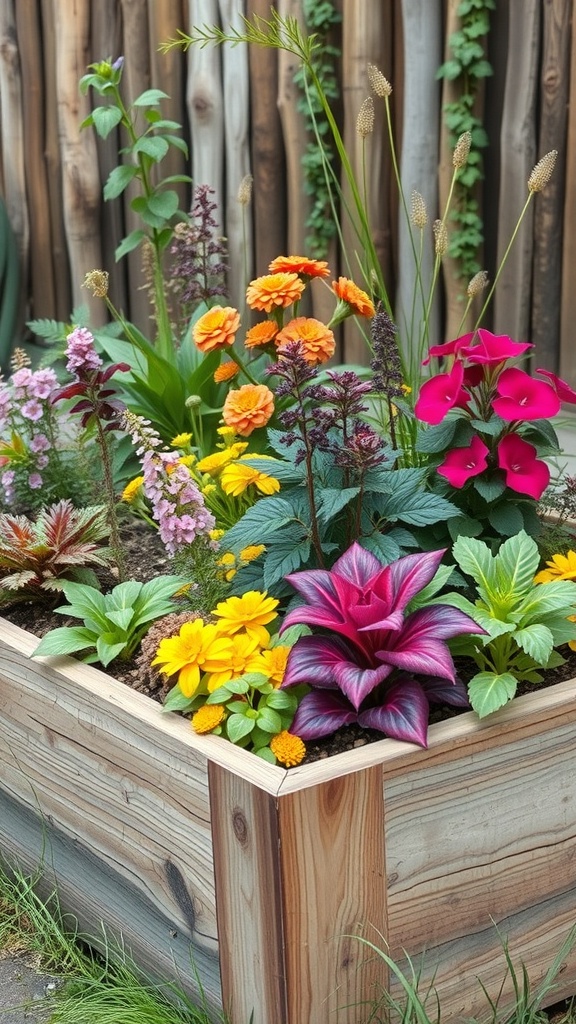 A vibrant raised bed filled with colorful flowers and lush green plants, perfect for a potion ingredients garden.