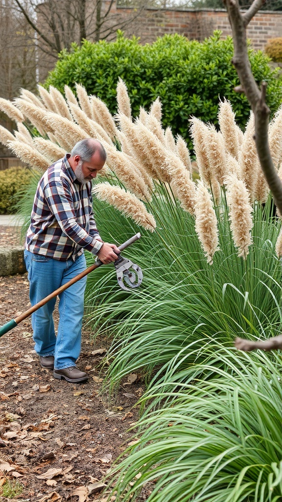 A gardener pruning ornamental grasses in a landscaped garden.