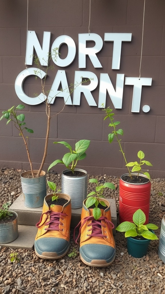 Colorful recycled planters made from old shoes and cans with plants growing in them.