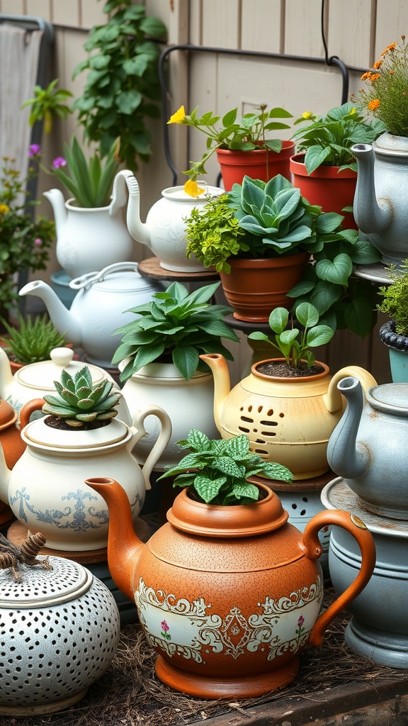 A collection of colorful teapots and kitchenware used as planters in a garden setting.