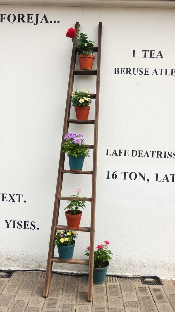 A wooden ladder repurposed as a plant stand with colorful flower pots.