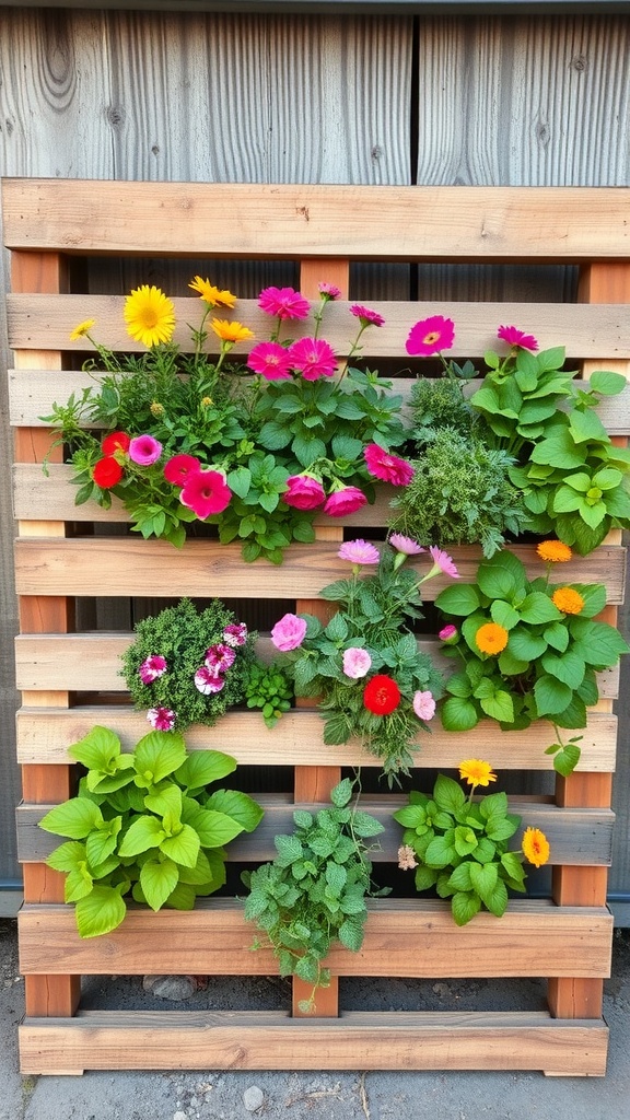 Vertical garden made from repurposed wooden pallets filled with colorful flowers and greenery.