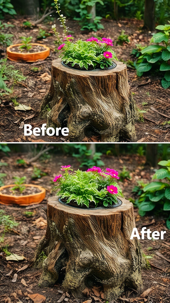 Before and after images of a tree stump transformed into a colorful planter with flowers.