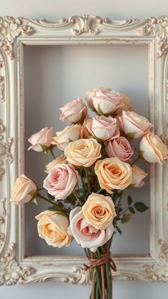 A bouquet of soft pink and yellow roses arranged in a decorative frame.