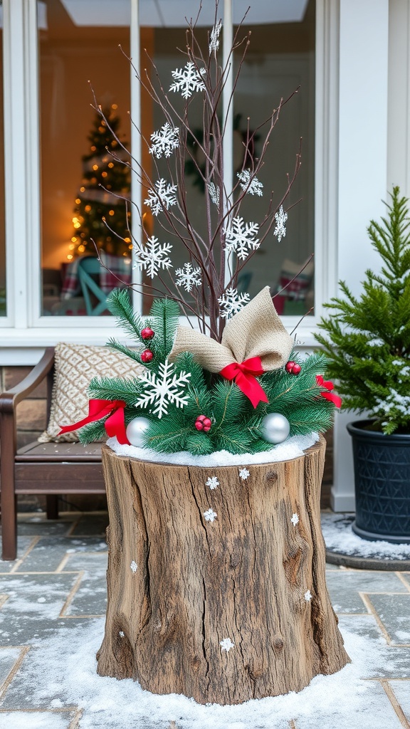 A decorated tree stump planter with snowflakes, greenery, and festive ribbons, set against a winter backdrop.