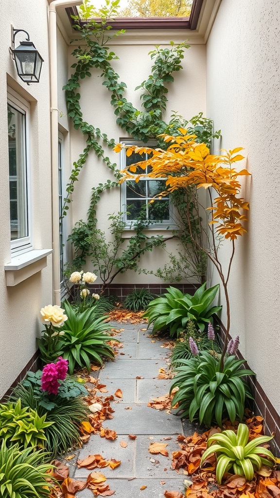 A small courtyard garden featuring autumn foliage, stone pathway, and lush plants.