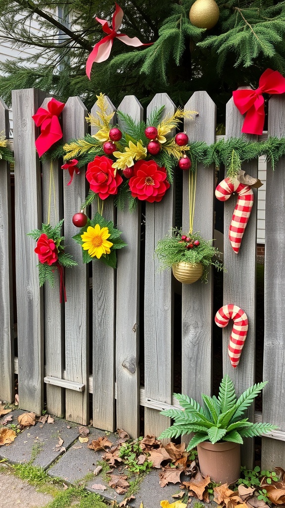 A rustic garden fence decorated with holiday ornaments, flowers, and bows.