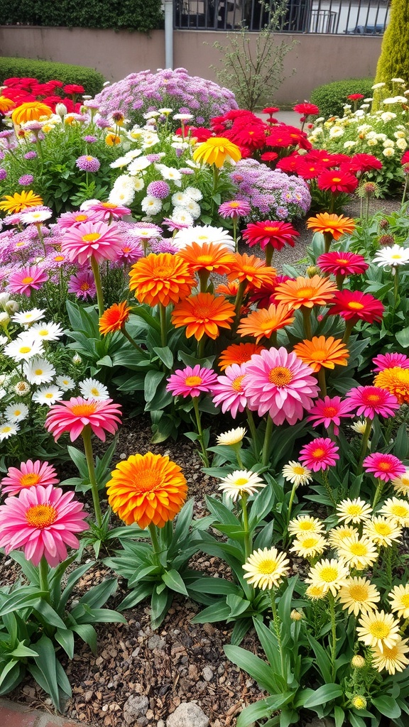A colorful garden filled with various seasonal flowers including gerberas and daisies.