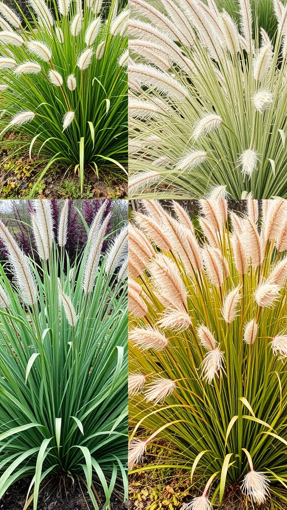 A collage of ornamental grasses showcasing different colors and textures throughout the seasons.
