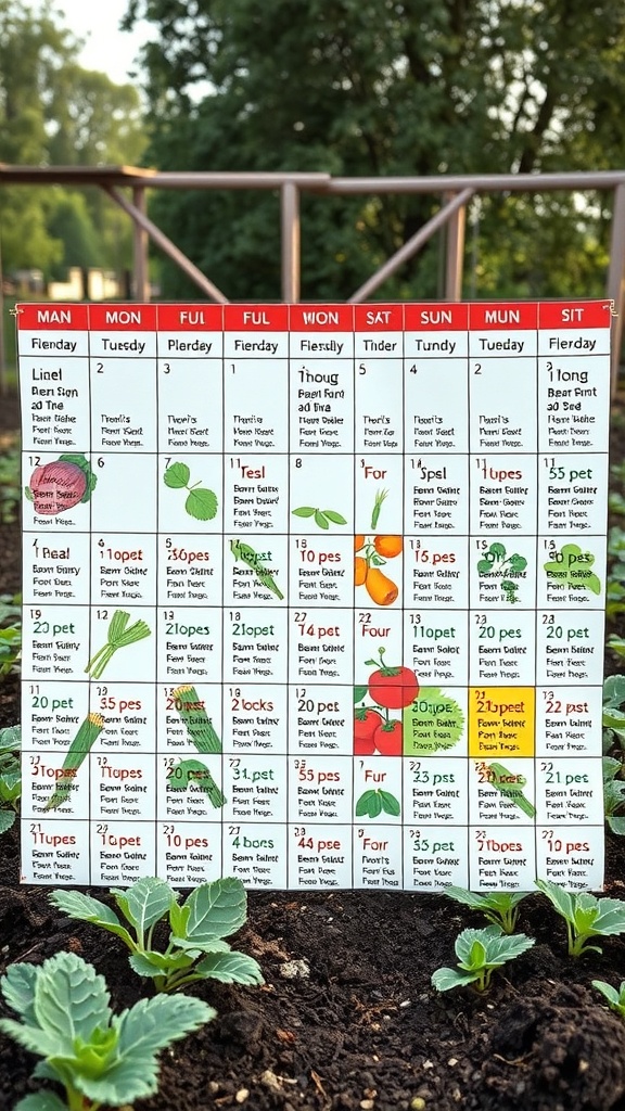 A planting calendar for vegetables in a backyard garden.