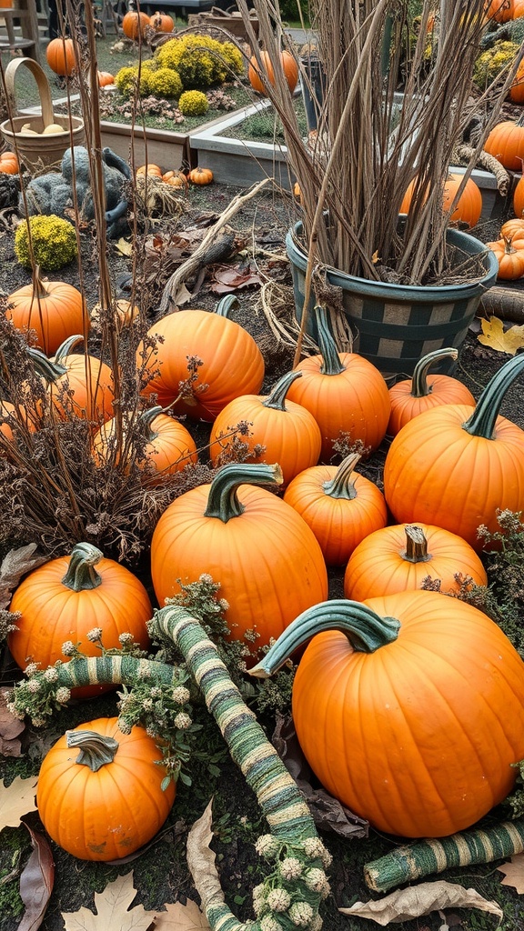 A collection of bright orange pumpkins surrounded by dried plants and greenery in a garden setting.