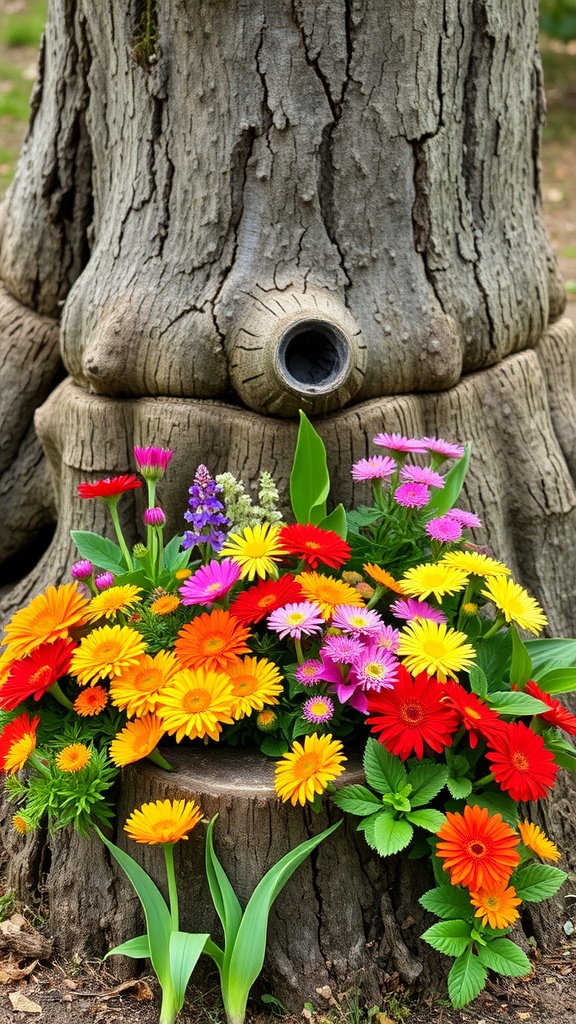 Colorful flowers arranged around a tree stump, showcasing a vibrant garden planter.
