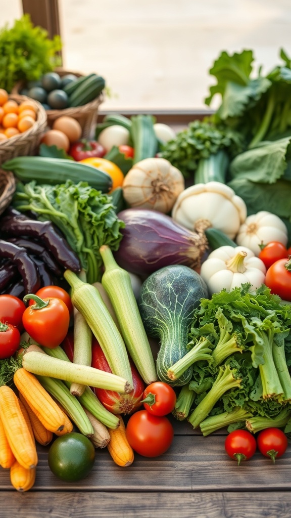 A variety of fresh vegetables including tomatoes, zucchini, and leafy greens arranged on a wooden table.