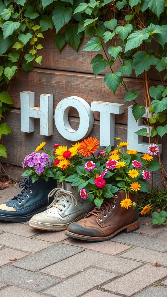 Colorful flowers growing in old shoes arranged in a garden setting