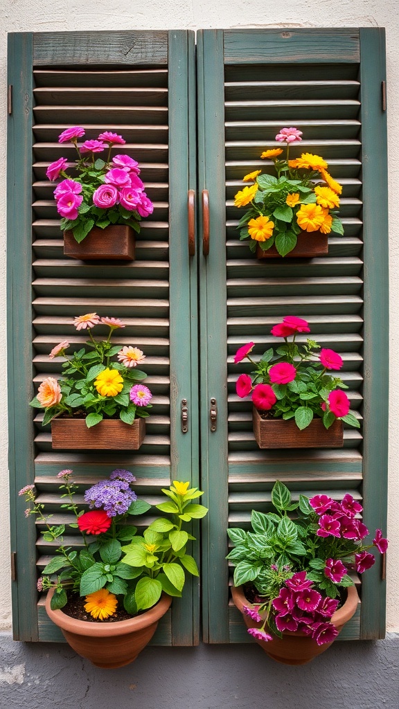Colorful flowers in pots attached to vintage shutters, creating a rustic planter display.