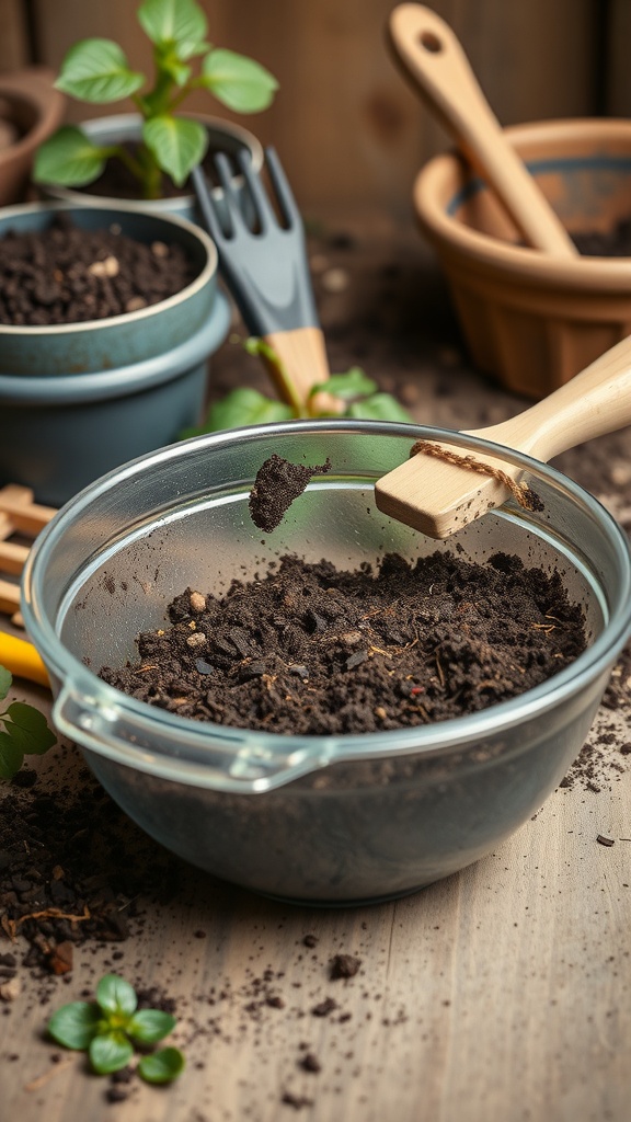 A bowl of dark soil with a wooden spatula, surrounded by gardening tools and pots.