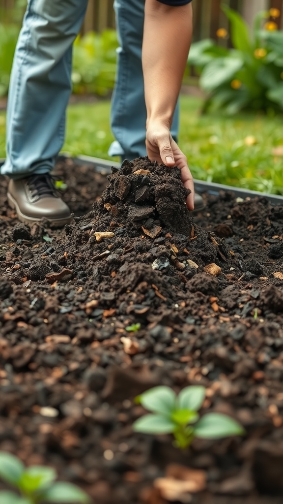 A person preparing soil in a backyard garden, focusing on creating a healthy environment for vegetable growth.