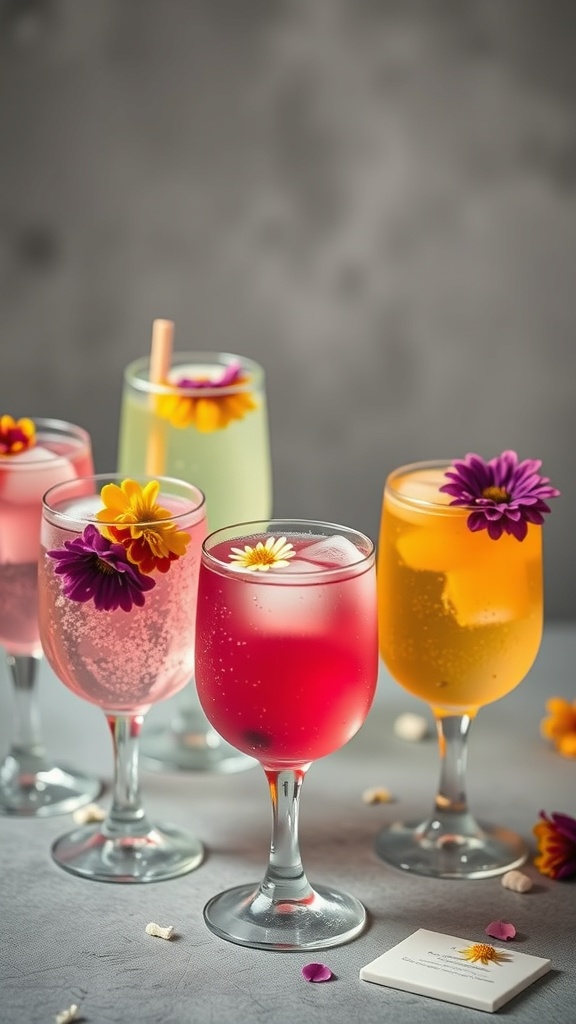 Colorful sparkling drinks with flowers in glasses for a fairy garden theme party