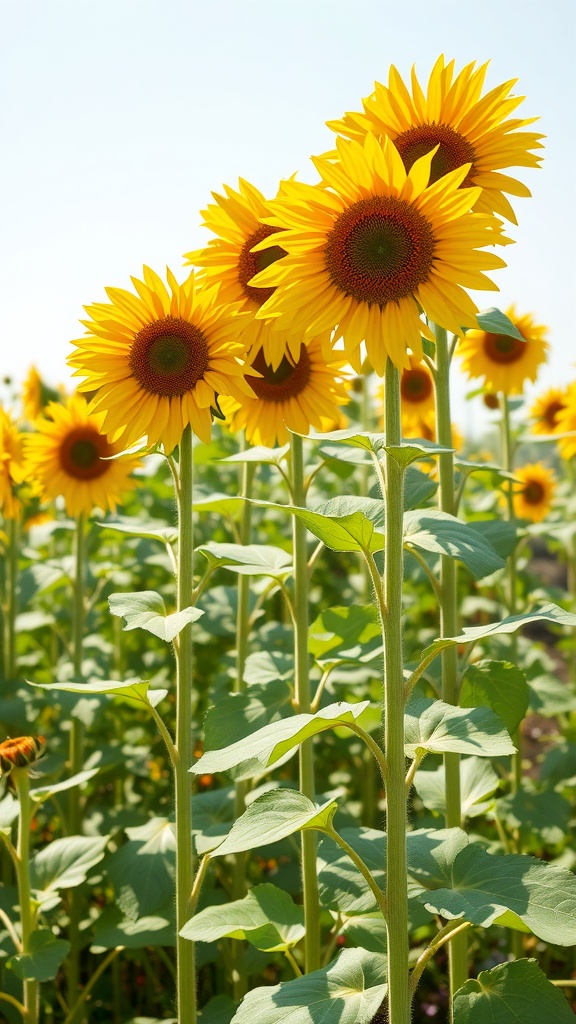 A field of tall sunflowers under a clear blue sky