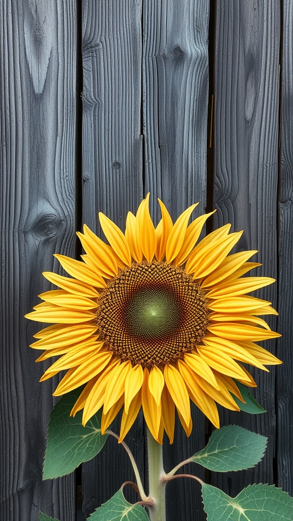 A bright sunflower with yellow petals and a dark center, set against a wooden background.