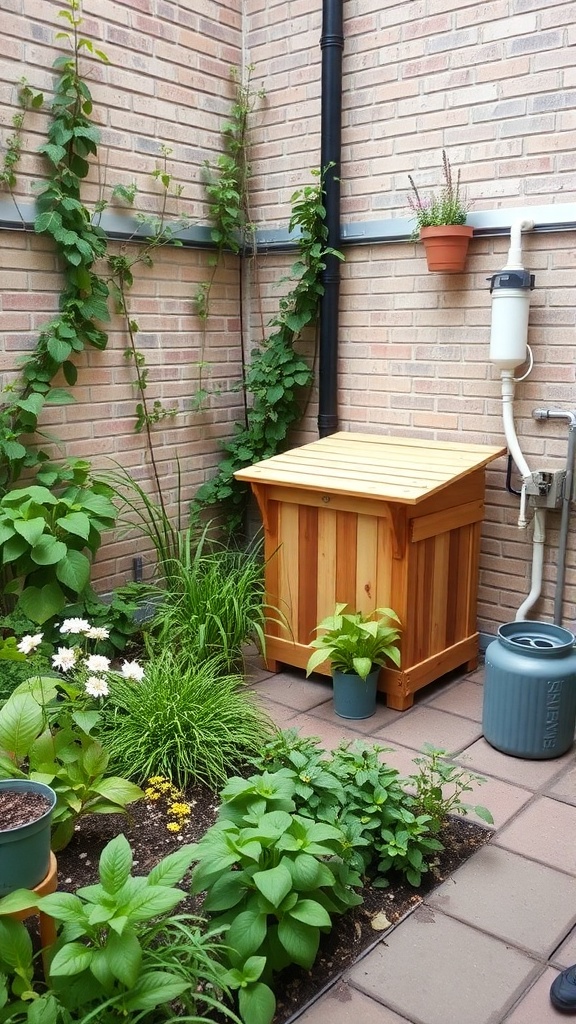 A small courtyard garden featuring a wooden compost bin, various plants, and a rainwater collection system.