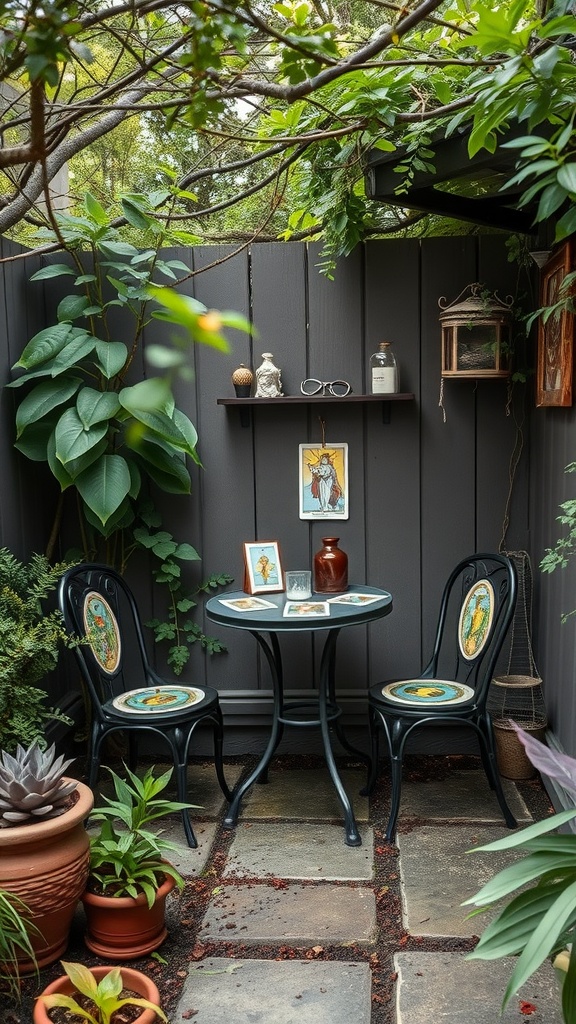 A cozy tarot card reading corner in a garden with a round table, two chairs, and lush plants.