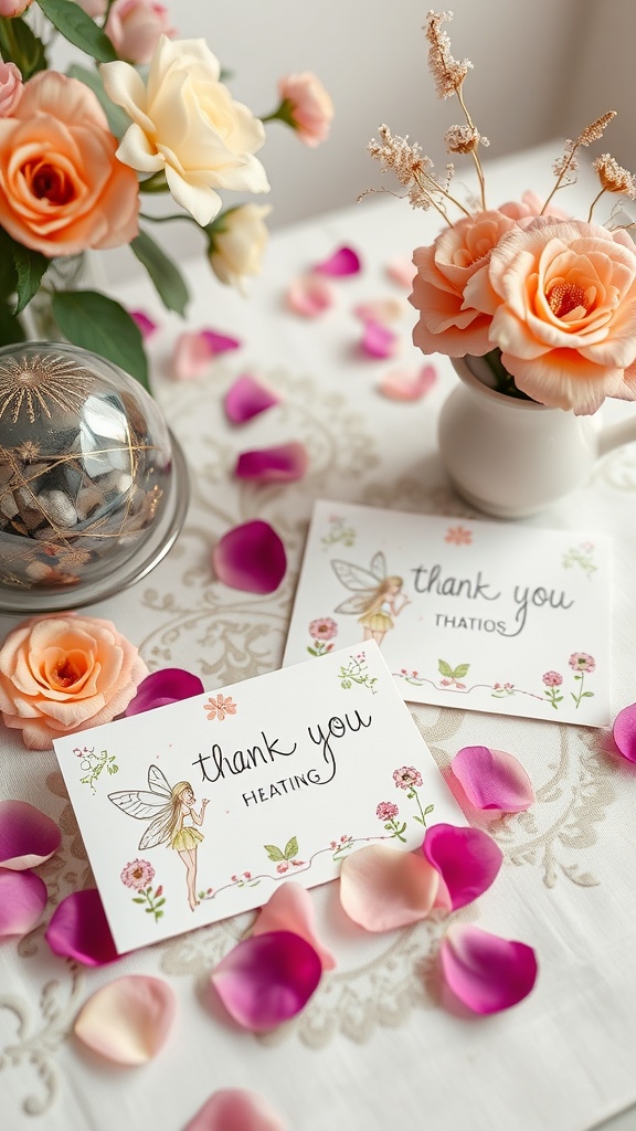 Thank you notes with fairy illustrations surrounded by flowers and rose petals