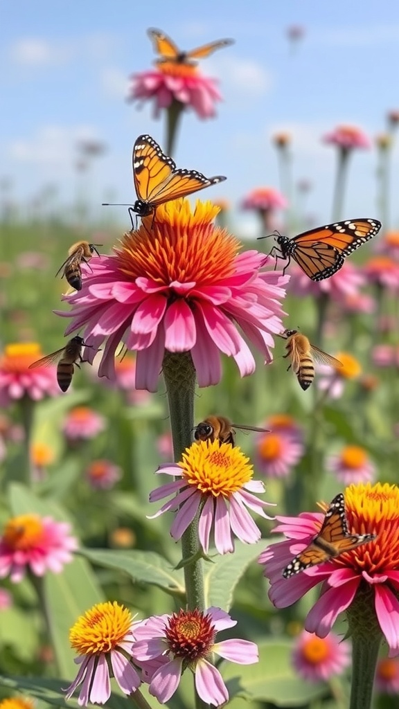 Milkweed flowers with butterflies and bees pollinating