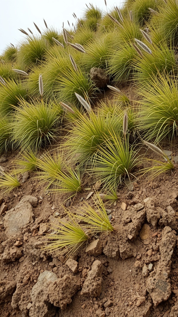 A hillside covered with ornamental grasses, showcasing their lush green color and feathery flower heads.