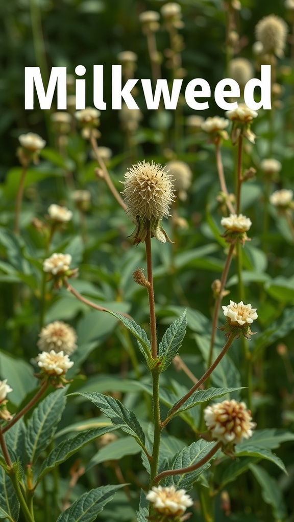 A close-up of a milkweed plant with flowers and green leaves.